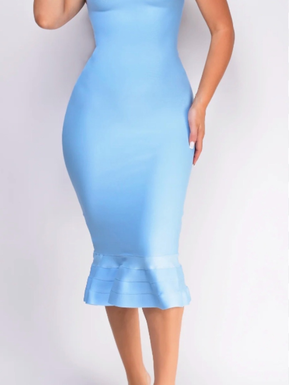 Strapless Powder Blue Fitted Midi Dress with Fluted Hem